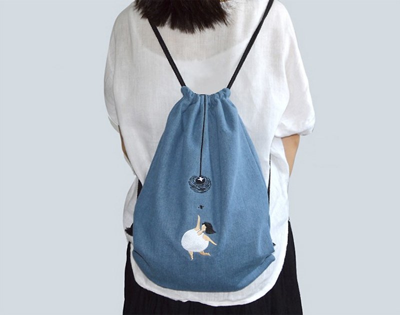 After denim tote recreational sports backpack inside / rear bag / durable - Drawstring Bags - Other Materials Blue