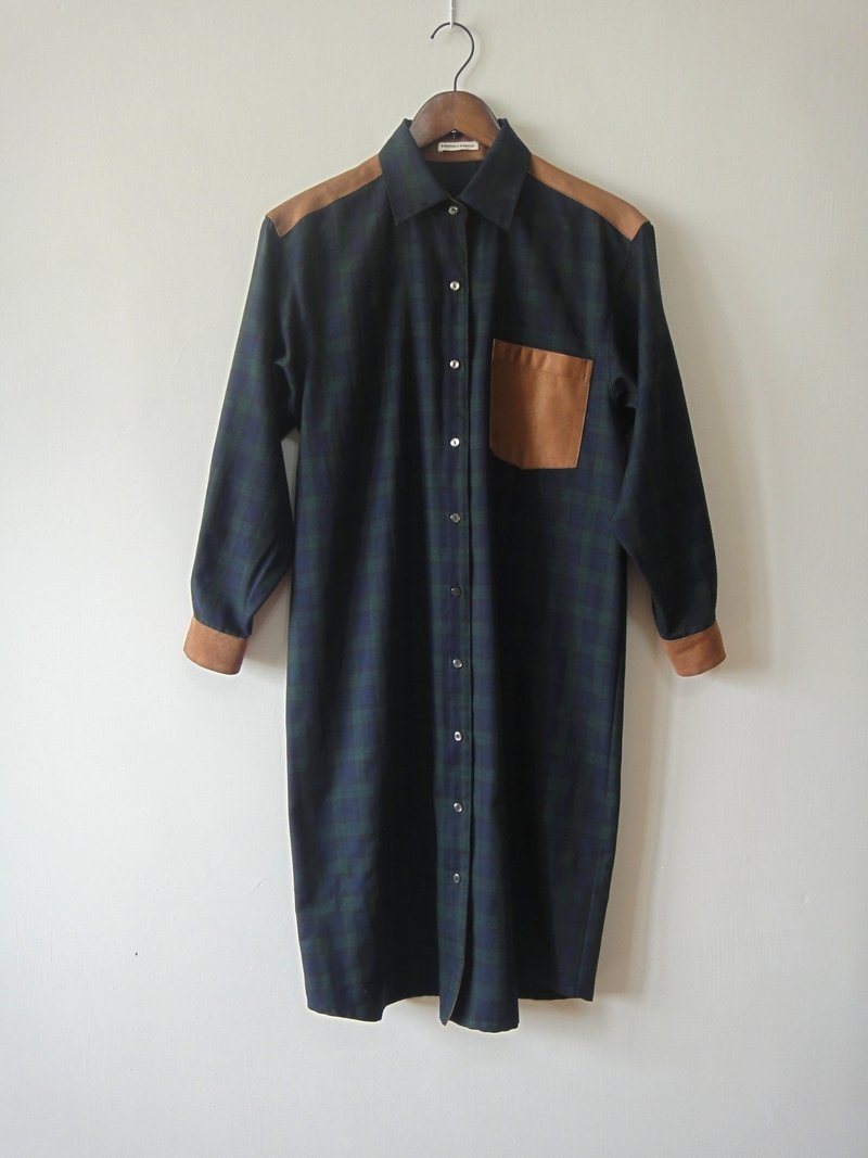 手作．長版綠格紋．襯衫 - Women's Shirts - Other Materials Green