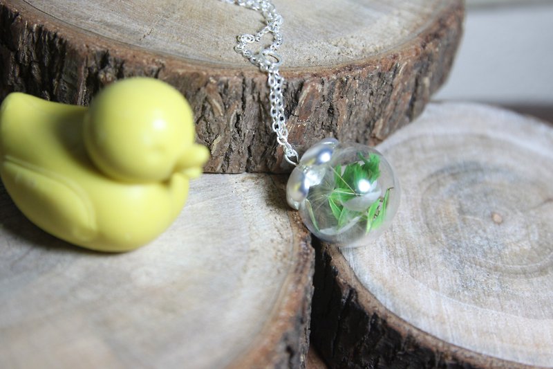Dandelion with dried flowers handmade glass cover long necklace - Necklaces - Glass Green