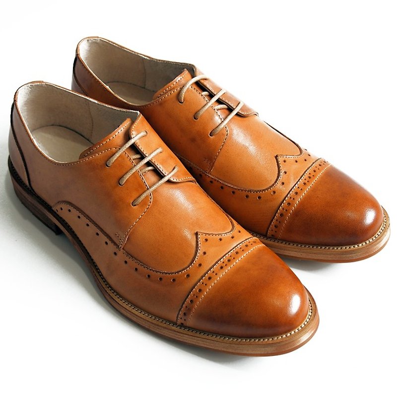 [LMdH] D1A33-89 calf leather hand-painted carved wood grain open Phut wing with Derby - Caramel - Free Shipping - Men's Casual Shoes - Genuine Leather Brown