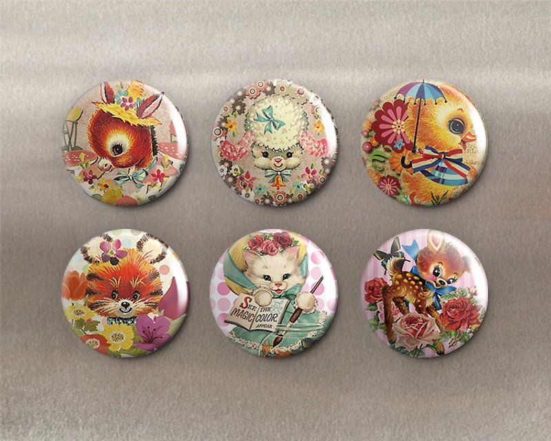 Cute Animals-Magnet (6pcs)/Badge (6pcs)/Birthday Gift【Special U Design】 - Magnets - Other Metals Brown