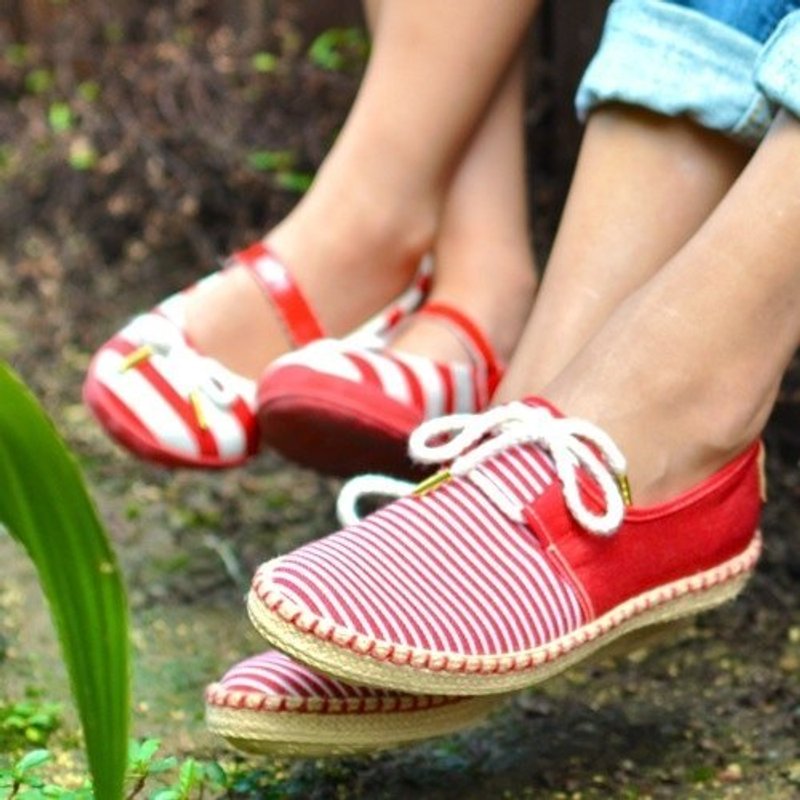 Amelia大人紅白條紋休閒鞋 - Women's Casual Shoes - Cotton & Hemp Red