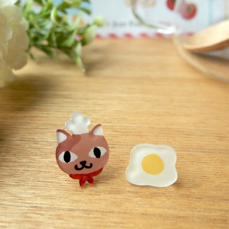 Cats Meow Chef Series - original hand-made cat omelette chef and earrings (clip-on can be changed) - Earrings & Clip-ons - Plastic Orange