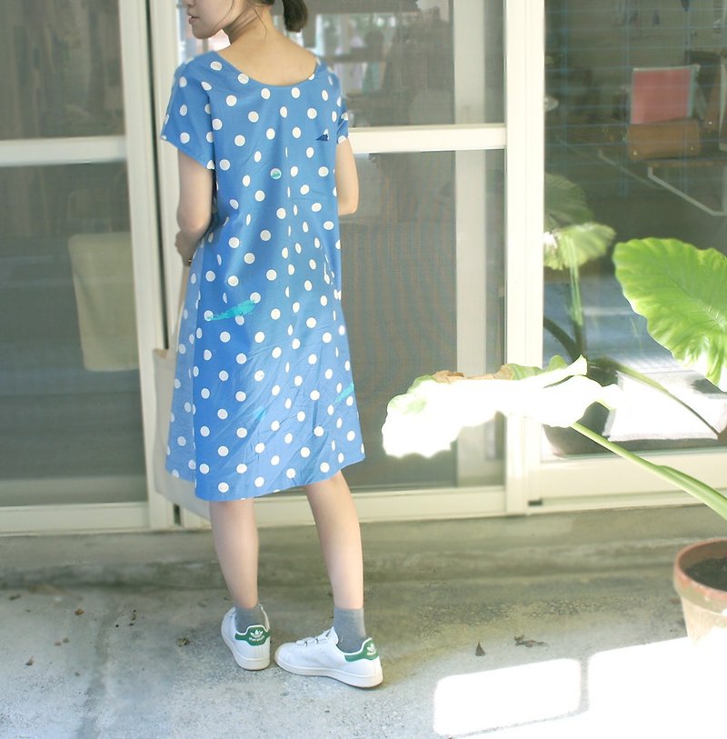 Little bit of double-sided wear round neck dress pocket ✪ - One Piece Dresses - Cotton & Hemp Blue