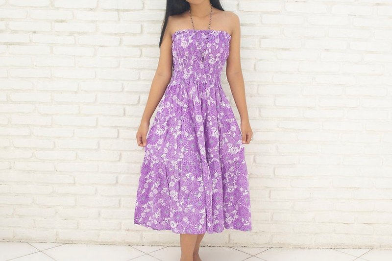 Margaret print tiered dress <Purple> - ชุดเดรส - วัสดุอื่นๆ สีม่วง