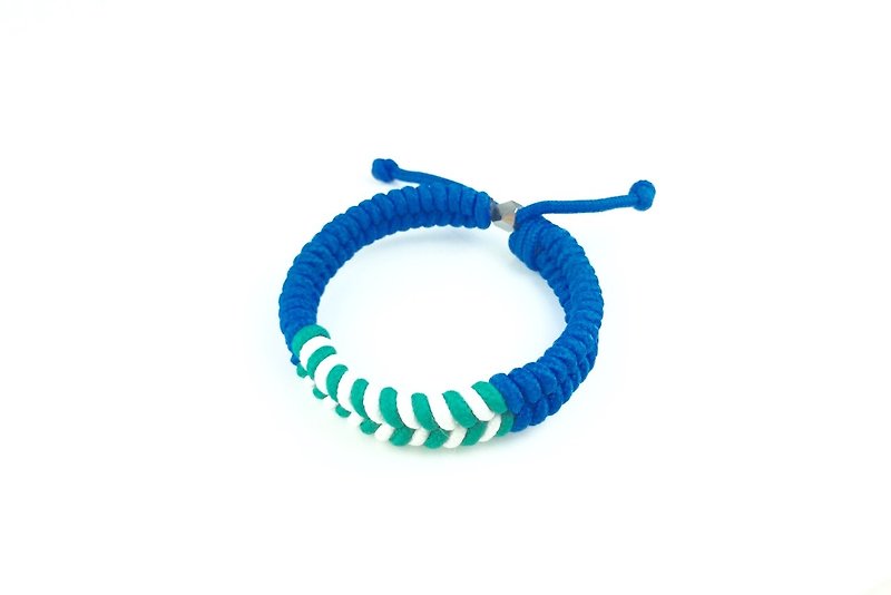 「藍底綠白條紋編繩」 - 手鍊/手環 - 棉．麻 綠色