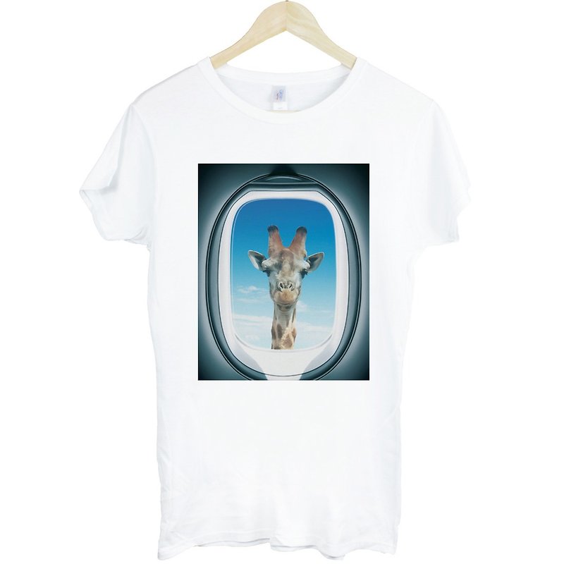 Airplane Window-Giraffe女生短袖T恤-白色 長頸鹿 飛機窗戶 動物 - T 恤 - 紙 白色