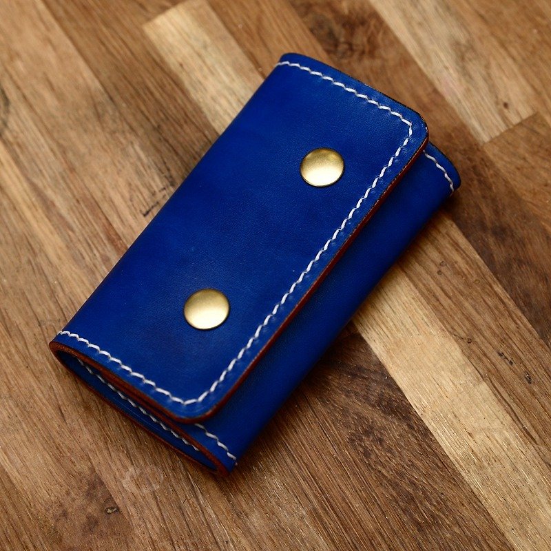 Can hand-made pure hand-made refined imported Italian hand-dyed blue vegetable tanned leather classic key case - Keychains - Genuine Leather Blue
