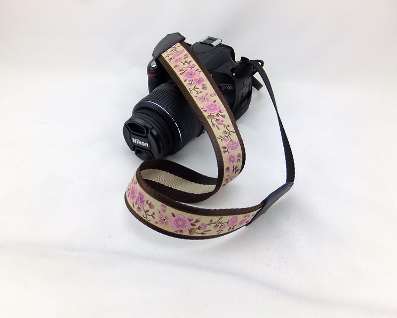 相機背帶 個性客製 可印字 真皮拼接 刺繡花紋  民族風021 - 相機背帶 - 真皮 粉紅色