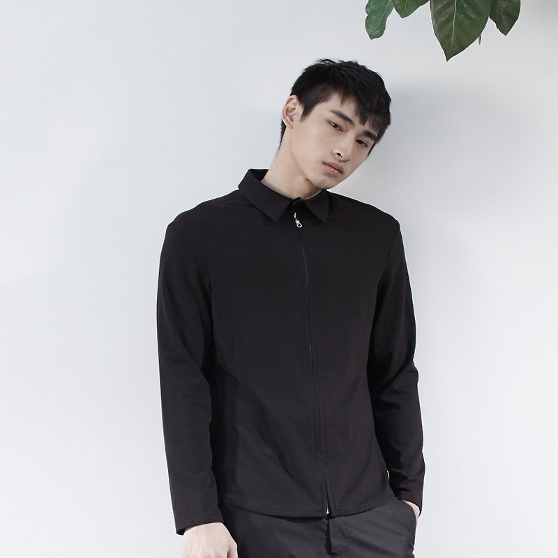 TRAN - 針織拉鍊襯衫 - 男襯衫/休閒襯衫 - 聚酯纖維 黑色