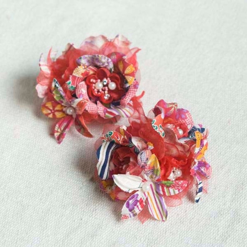 [MITHX] Cherry Blossom, Flower Banquet, Small Side Clip Brooch, Styling Hair Accessories-Red - Hair Accessories - Cotton & Hemp Red