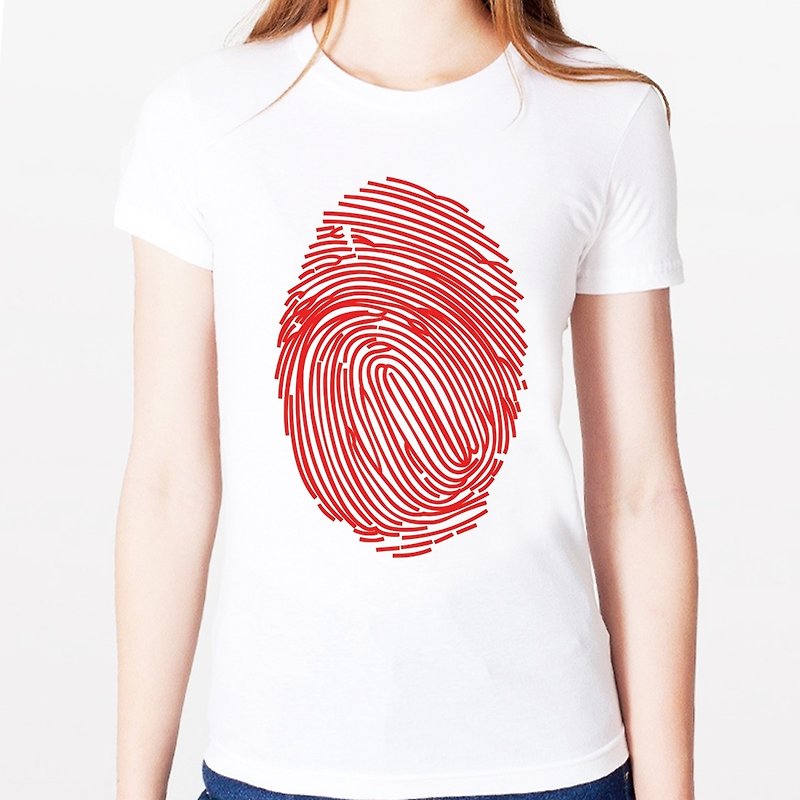 Fingerprint-red女生短袖T恤-白色 紅色指紋 設計 時髦 文青 - 女 T 恤 - 其他材質 白色