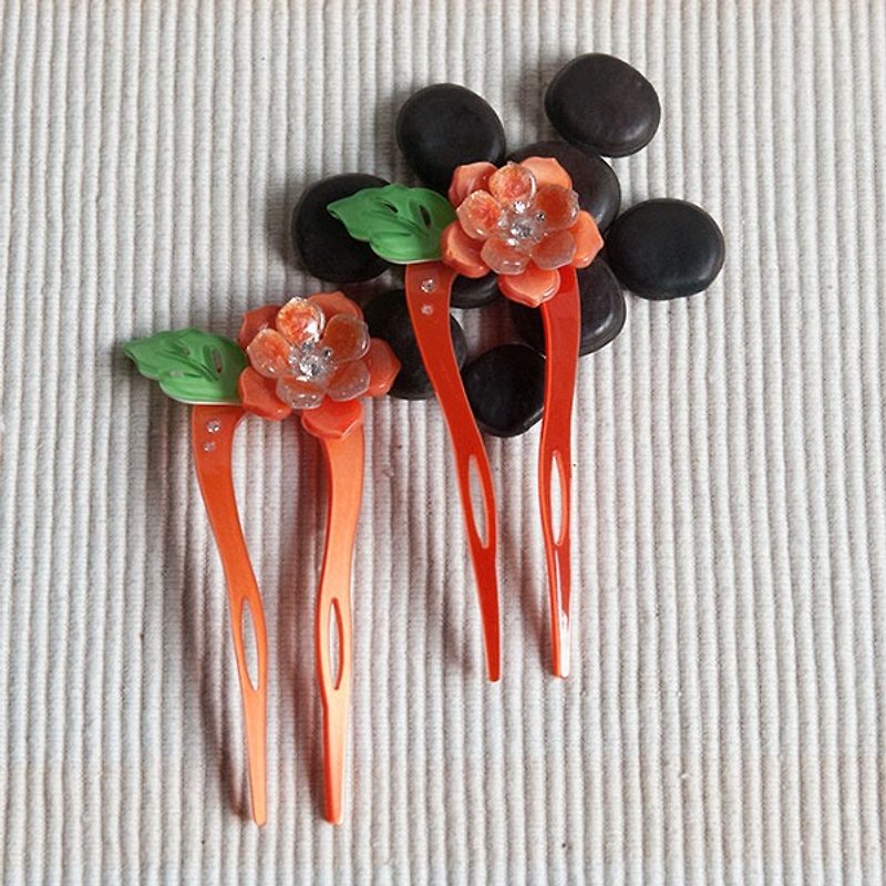 【MITHX】Colored Flower, U-shaped Hairpin, Hairpin, Hairpin-Orange - เครื่องประดับผม - อะคริลิค สีส้ม