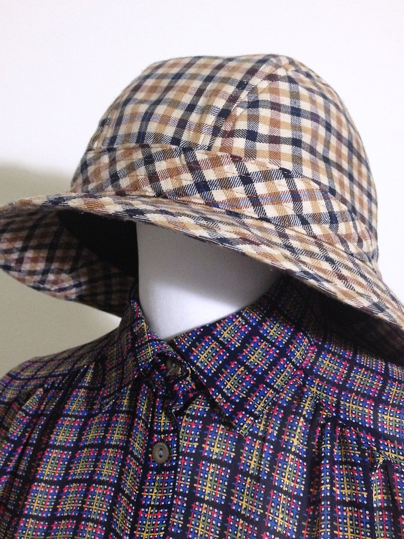 Ping-pong vintage [vintage hat / Classic Plaid perspective vintage hat] gentleman hat back overseas - หมวก - วัสดุอื่นๆ สีกากี