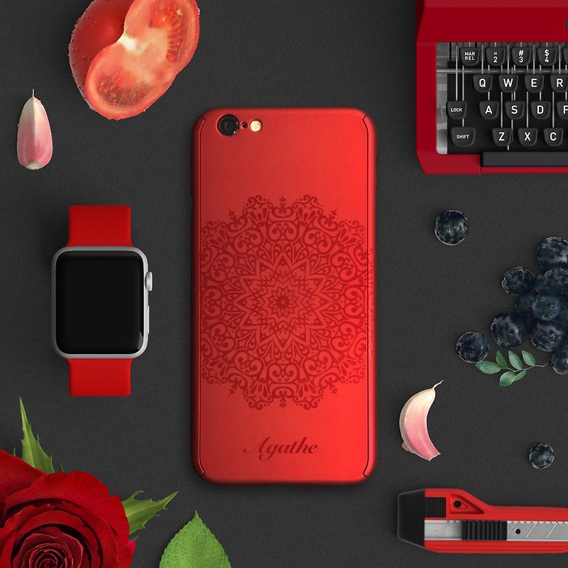 Full protection iPhone red case with glass screen protector and touch ID protect - เคส/ซองมือถือ - พลาสติก สีแดง
