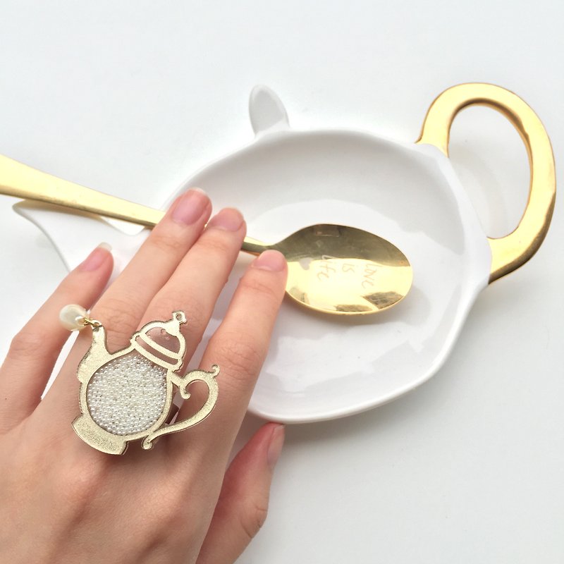英式茶壼戒指 珍珠 - 戒指 - 壓克力 金色