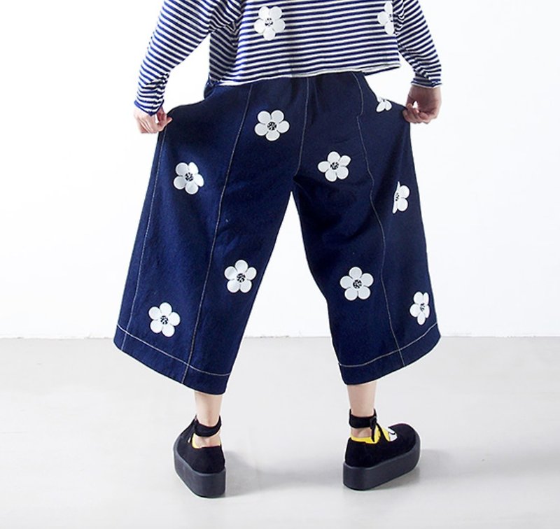 Nine flowers cowboy pants - imakokoni - กางเกงขายาว - ผ้าฝ้าย/ผ้าลินิน สีน้ำเงิน