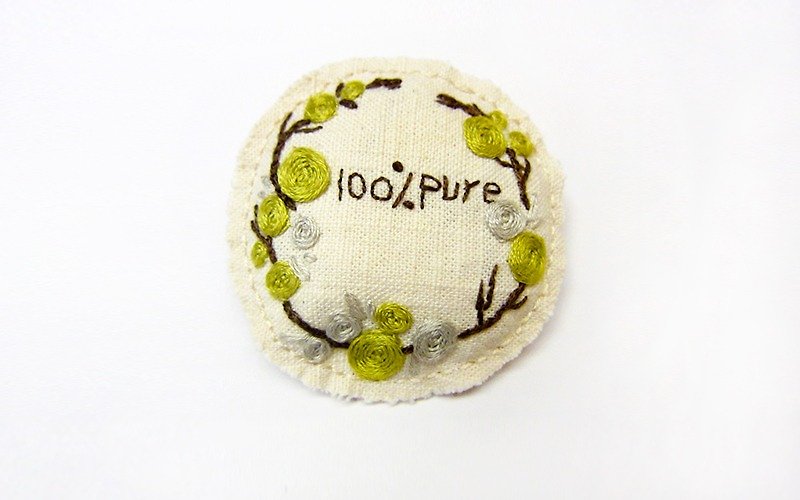 100% PURE embroidered roses circle brooch / red dot - Brooches - Thread Red