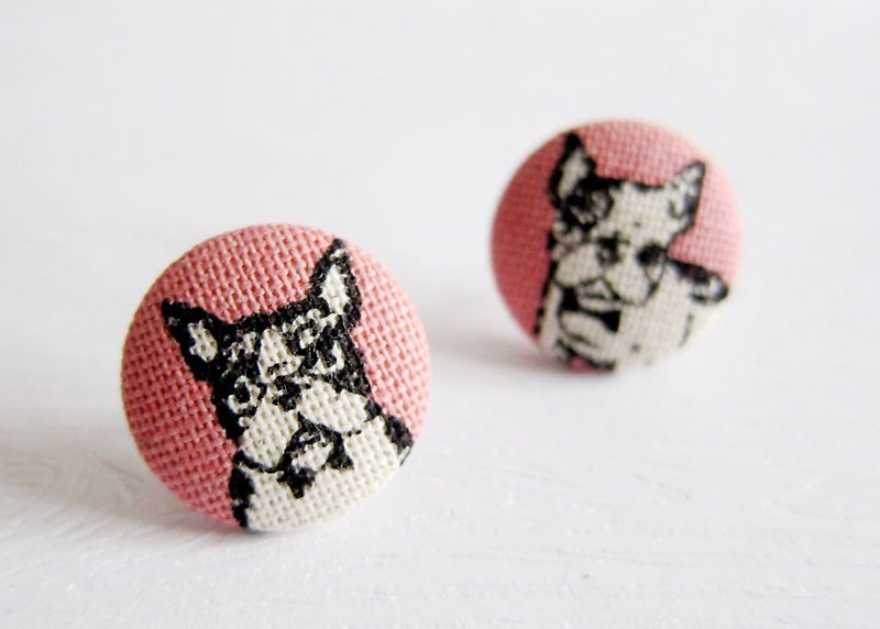 布釦耳環 法國鬥牛犬 可做夾式耳環 - 耳環/耳夾 - 其他材質 粉紅色
