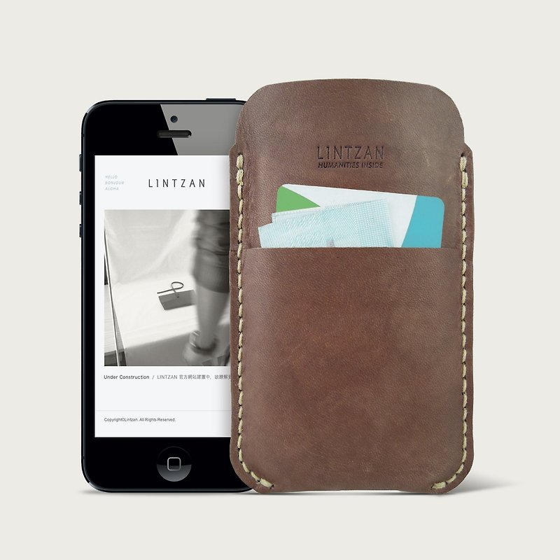 LINTZAN “手工縫製皮革”有口袋的iPhone 5/5S手機皮套 -- 深咖啡色 - 手機殼/手機套 - 真皮 咖啡色