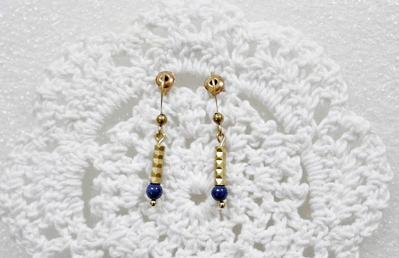 Bronze natural stone X <Qingyanzi> - hook earrings - ต่างหู - ทองแดงทองเหลือง สีน้ำเงิน