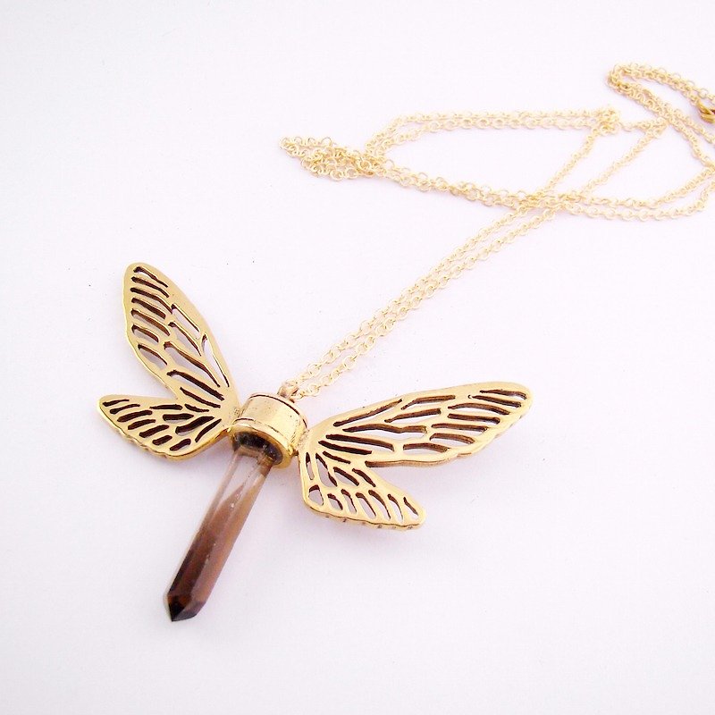 Brass Dragonfly wing pendant with smoky raw quartz stone - สร้อยคอ - โลหะ 