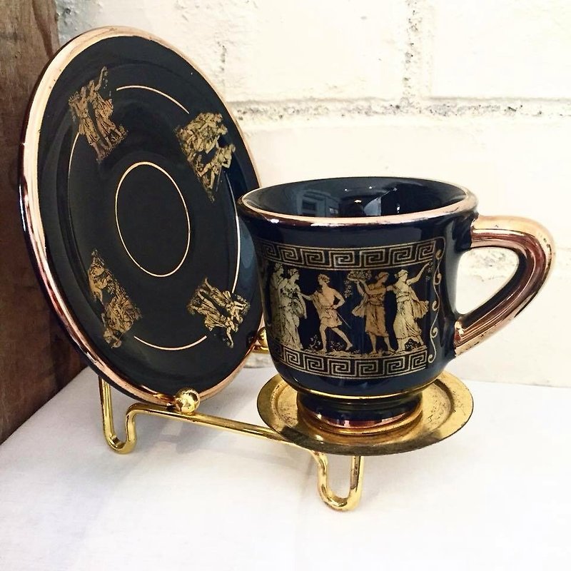 歐洲希臘製 古董咖啡杯組 （附金色展示架） - 茶壺/茶杯/茶具 - 瓷 金色