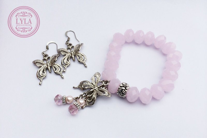 「淺粉水晶」-蝴蝶吊飾（手環＆耳環一組） - 手鍊/手鐲 - 寶石 粉紅色