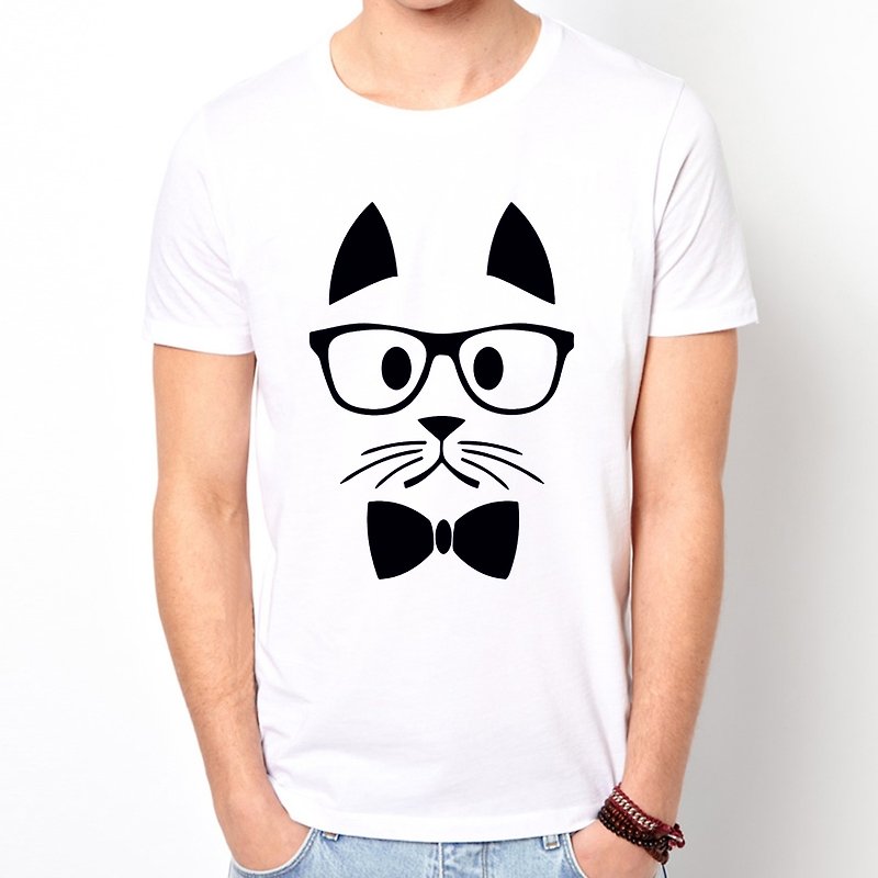 Hipster Cat short-sleeved T-shirt -2 color cat mustache beard retro glasses Wen Qing art design fashionable animal - เสื้อยืดผู้ชาย - วัสดุอื่นๆ หลากหลายสี