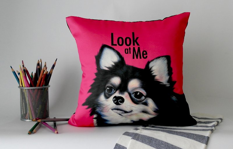 Pillow cover Cushion Pillow satin print 14 inch with CHIHUAHUA Text Look at Me - Pillows & Cushions - Other Materials Multicolor