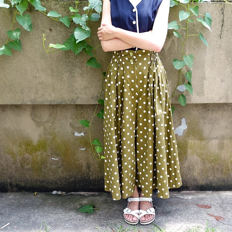 BajuTua / vintage / 50's sweet American green Shuiyu point wide waist skirts - กางเกงขายาว - ผ้าฝ้าย/ผ้าลินิน สีเขียว