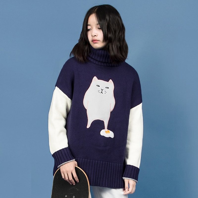 odd maker "cheap cat" childlike cute cotton high collar casual loose pullover thick coat - Women's Sweaters - Other Materials Blue