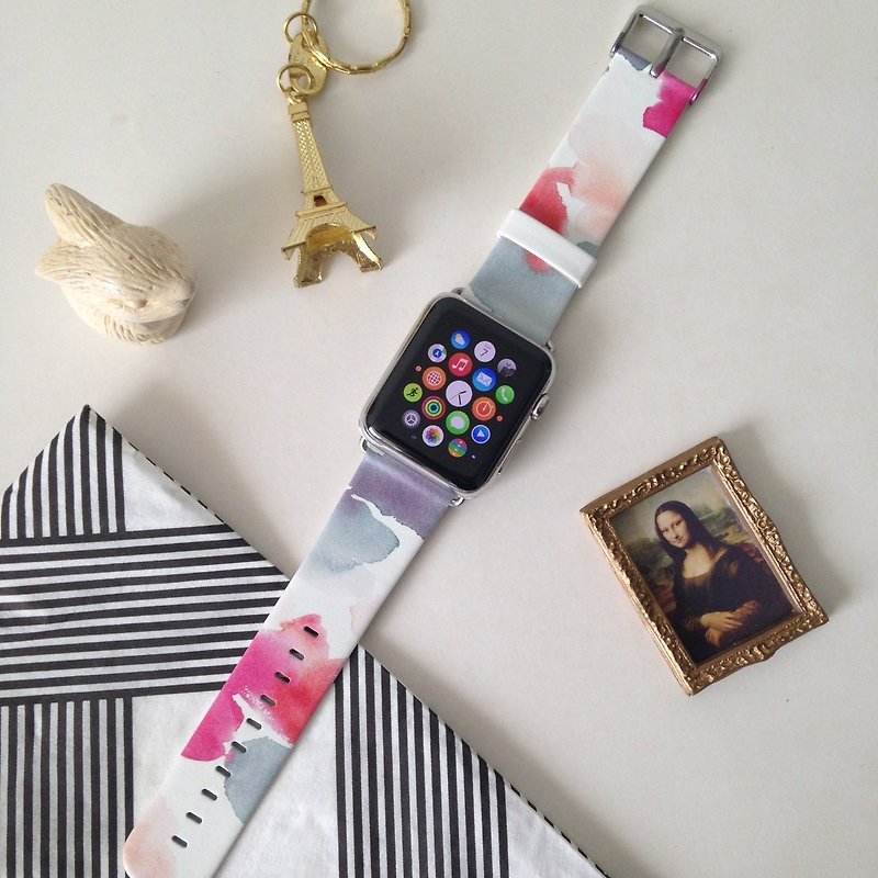 Abstract Water Brush Printed on Leather watch band for Apple Watch Series 1 - 5 - Other - Genuine Leather 
