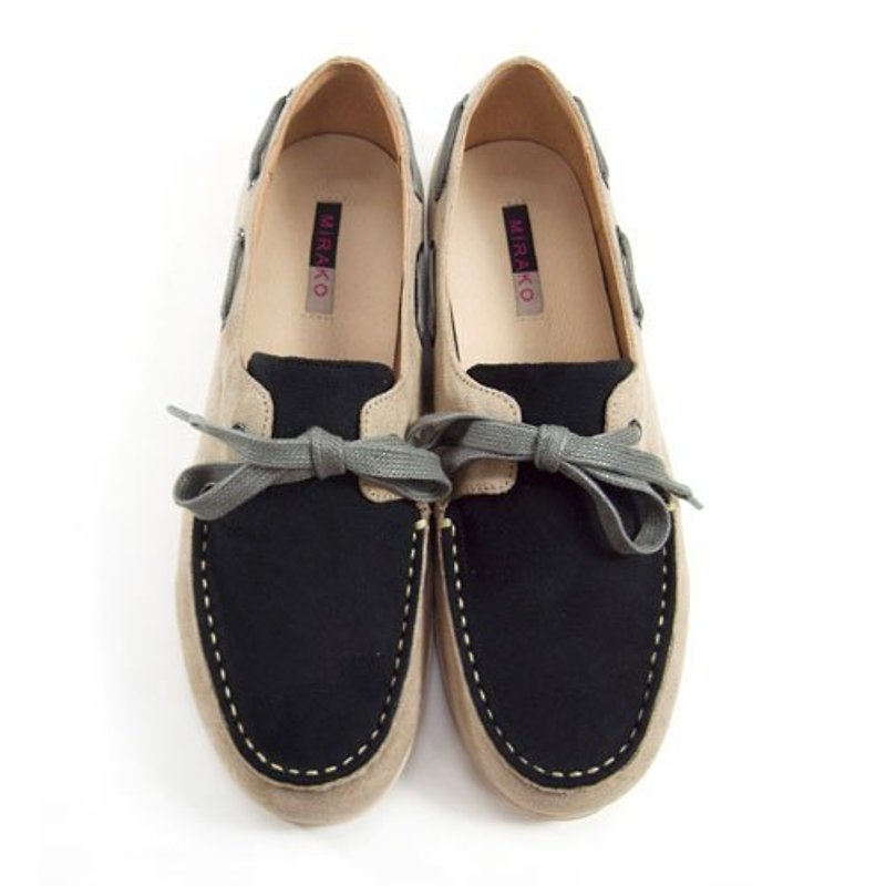 Two Tone Boat Shoes M1106A BlackKhaki - รองเท้าอ็อกฟอร์ดผู้หญิง - ผ้าฝ้าย/ผ้าลินิน สีกากี