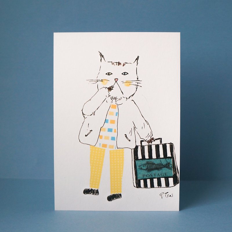 Postcard paper tape hand painted smelly face cat wants to go home after going out - Cards & Postcards - Paper Yellow