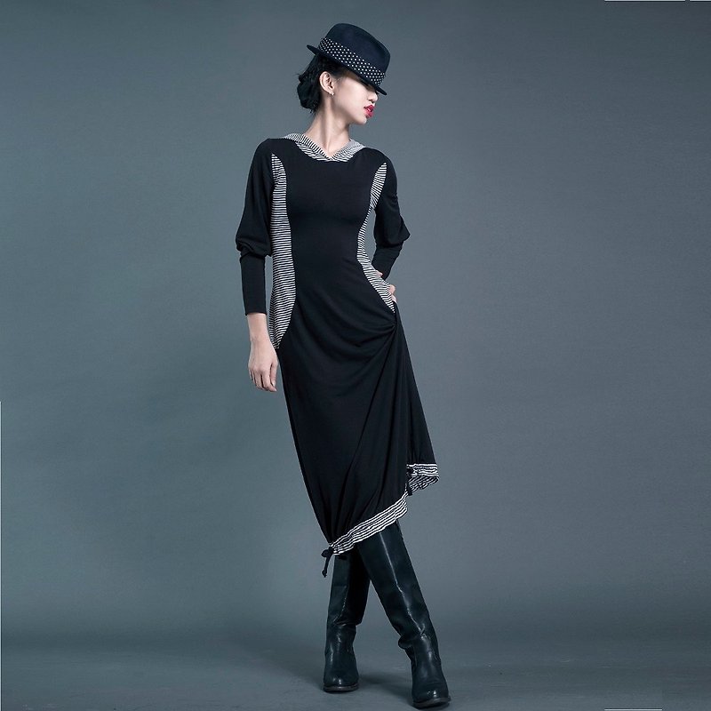[Dress] Hooded waistline modified long dress_black + black and white strips - One Piece Dresses - Cotton & Hemp Black