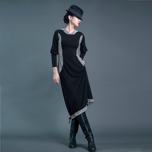 CLOTHPOINT ‧ 衣點 【dress】連帽腰線修飾長洋裝_黑+黑白條