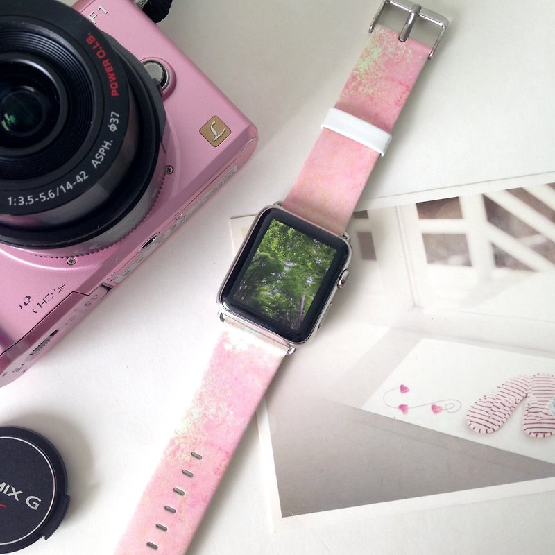 Abstract Pink Printed on Leather watch band for Apple Watch Series 1 - 5 Fitbit - Other - Genuine Leather 