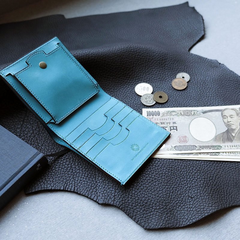 isni [cards &coin short wallet ]  handmade leather - กระเป๋าสตางค์ - หนังแท้ สีน้ำเงิน