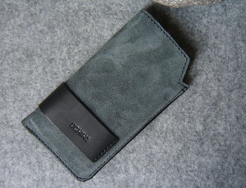 Mobile phone leather case gray suede + personalized black long label - Phone Cases - Genuine Leather Multicolor