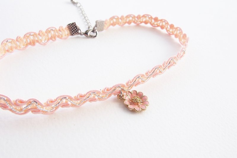 Peach lace choker / necklace with flower charm. - Necklaces - Other Materials Orange
