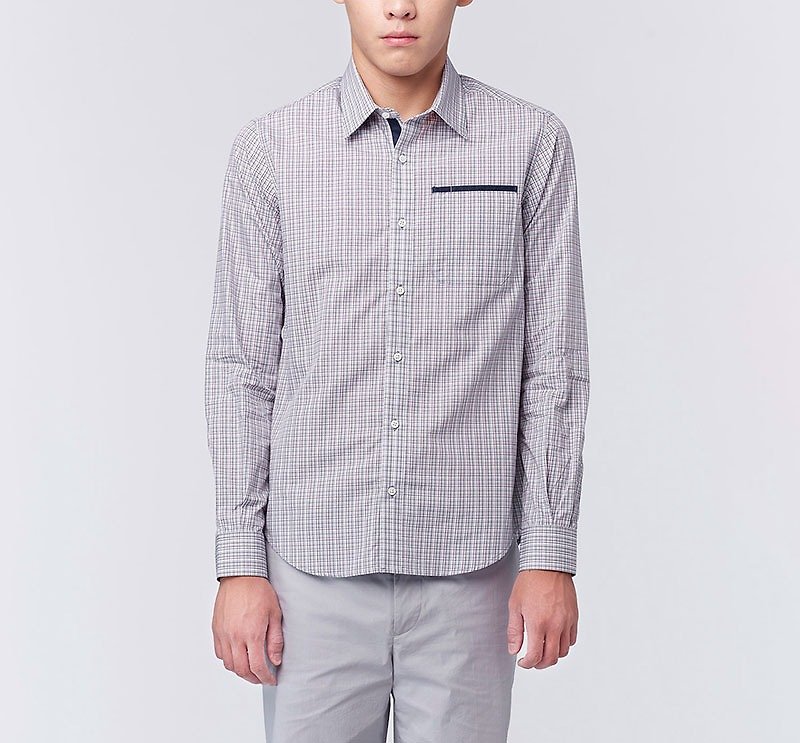 [High-quality fabric] Jacquard plaid casual long-sleeved shirt gray - เสื้อเชิ้ตผู้ชาย - ผ้าฝ้าย/ผ้าลินิน สีเทา