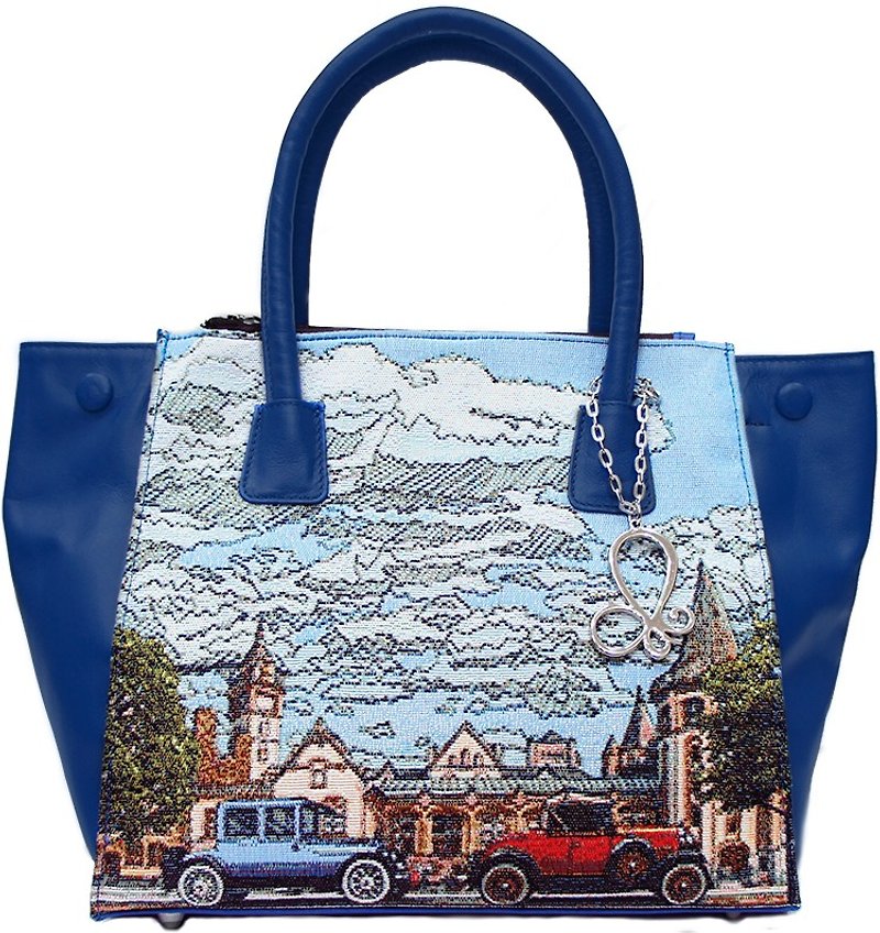 Handbag leather / cloth anti-splash horizontal weave jacquard retro car - กระเป๋าถือ - วัสดุอื่นๆ สีน้ำเงิน