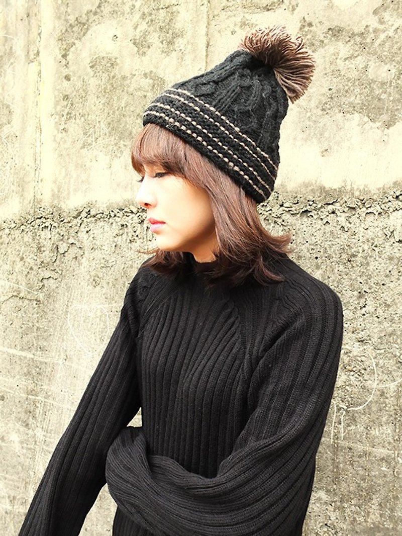 Handmade Hand Knit Wool Beanie Hat with Pompom Black - Hats & Caps - Other Materials Black