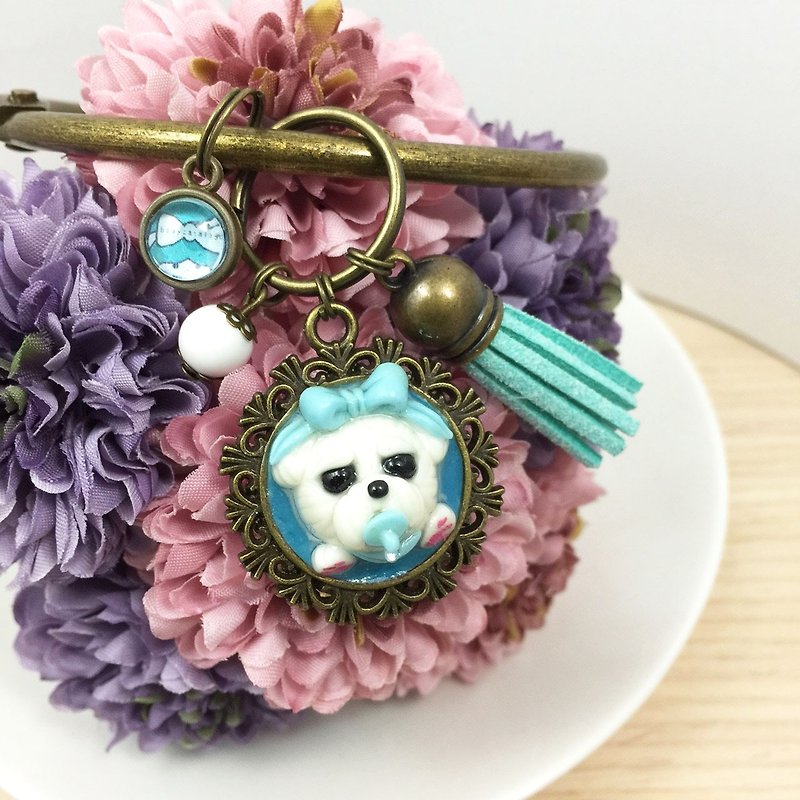● bow tie baby Maltese dog powder blue oversized key ring handmade ● ● Limited Made in Taiwan - ที่ห้อยกุญแจ - ดินเหนียว สีน้ำเงิน