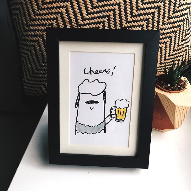 Cheers Dog Print, Old English Sheepdog Drink Beer, Hand Printed Wall Art, Gocco Prints, Funny Art Print, Printmaking, Limited Edition Signed - โปสเตอร์ - กระดาษ ขาว