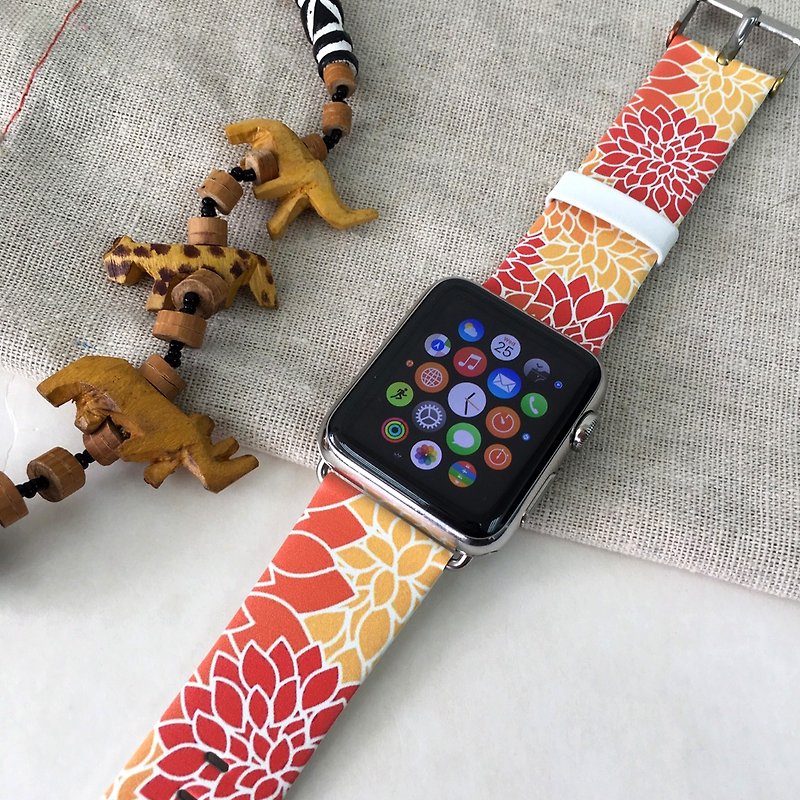 Apple Watch Series 1 - 5 用レザー時計バンドにオレンジの花柄プリント - 腕時計ベルト - 革 レッド