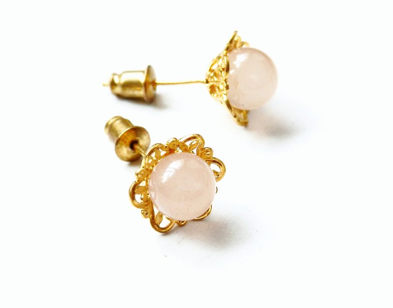 [Flowers] Flore single rose quartz earrings / fine plated 20k - Earrings & Clip-ons - Gemstone Pink