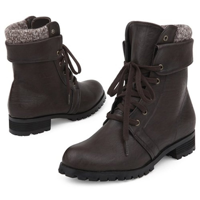 【Korean trend】SPUR Knit fold work boots FF7046 BROWN - รองเท้าบูทสั้นผู้หญิง - หนังแท้ สีนำ้ตาล
