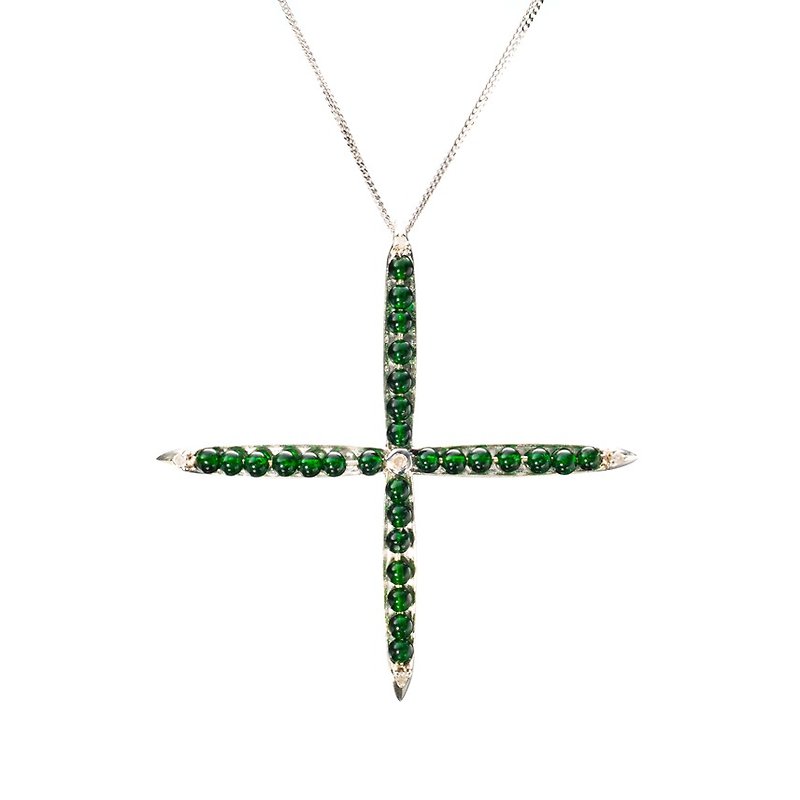 翡翠純銀十字架項鍊 綠色個性項鍊 925銀鎖骨鍊 深綠玉石鑽石飾品 - 鎖骨鍊 - 玉石 綠色